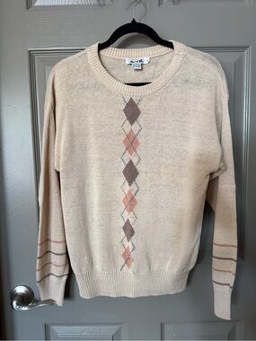 Vintage 80s ACT III Ramie Cotton Argyle Sweater Size L Cottagecore Preppy
